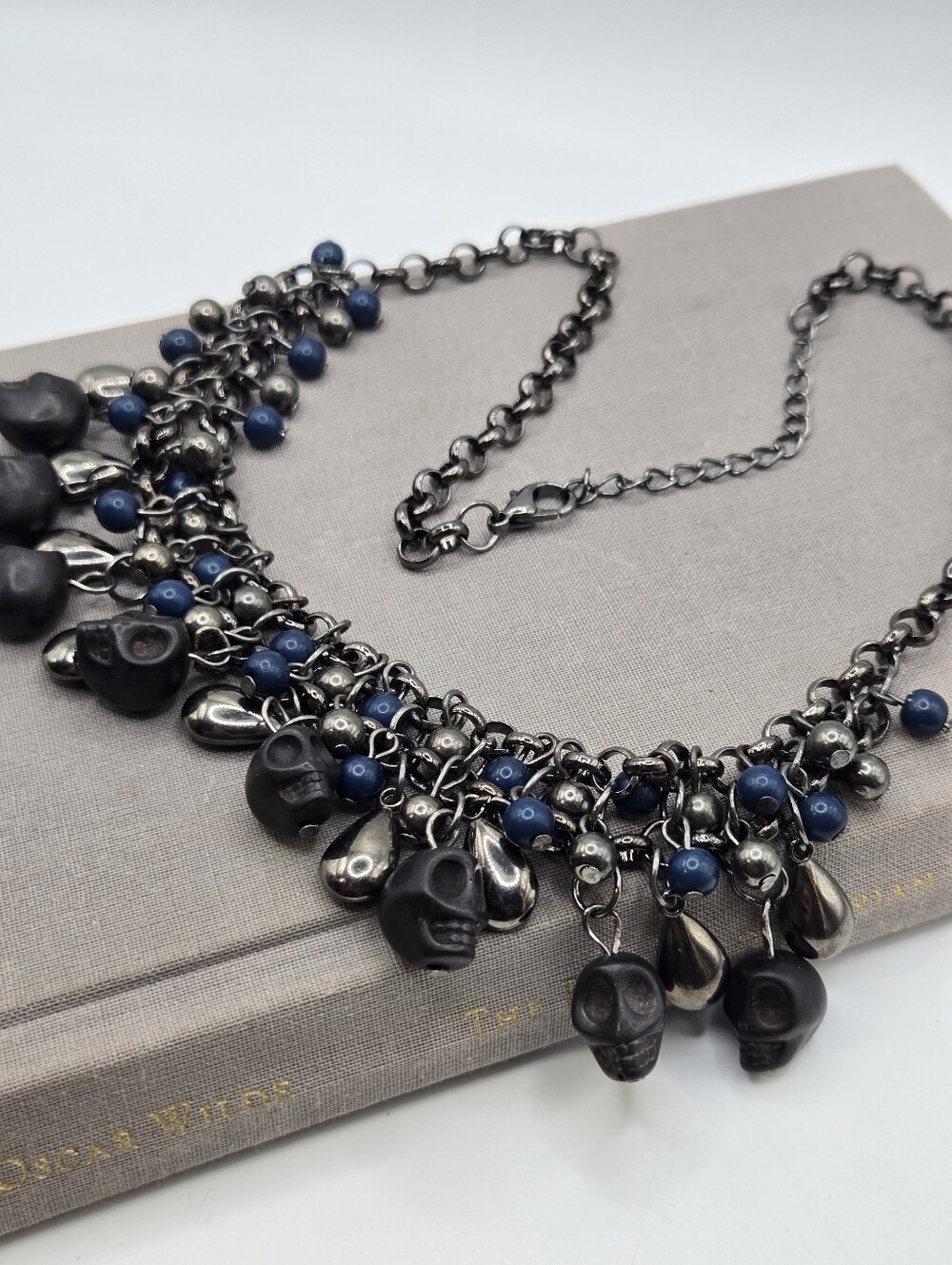 Y2k Silver Blue Skull Go Western Gothic Necklace Southwestern 90s Boho Chunky